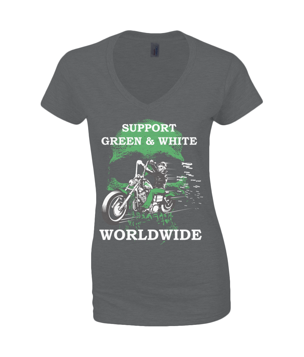 Dames V-Neck T-Shirt Support-Green-en-White-Worldwide