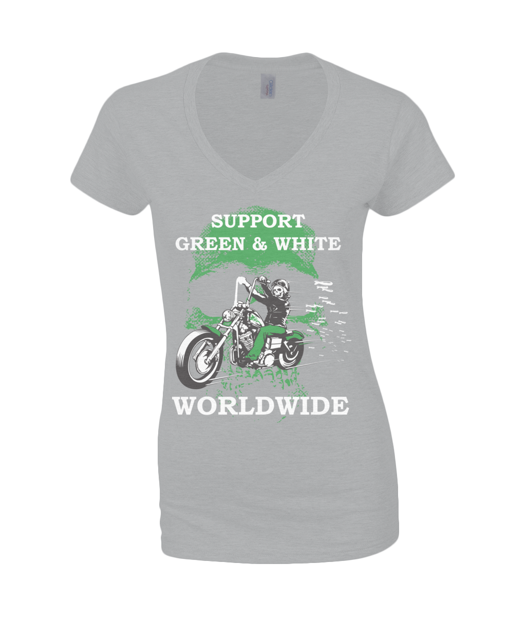 Dames V-Neck T-Shirt Support-Green-en-White-Worldwide