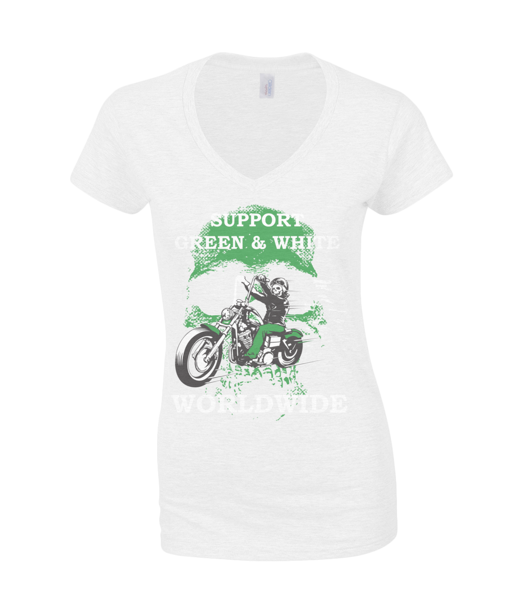 Dames V-Neck T-Shirt Support-Green-en-White-Worldwide