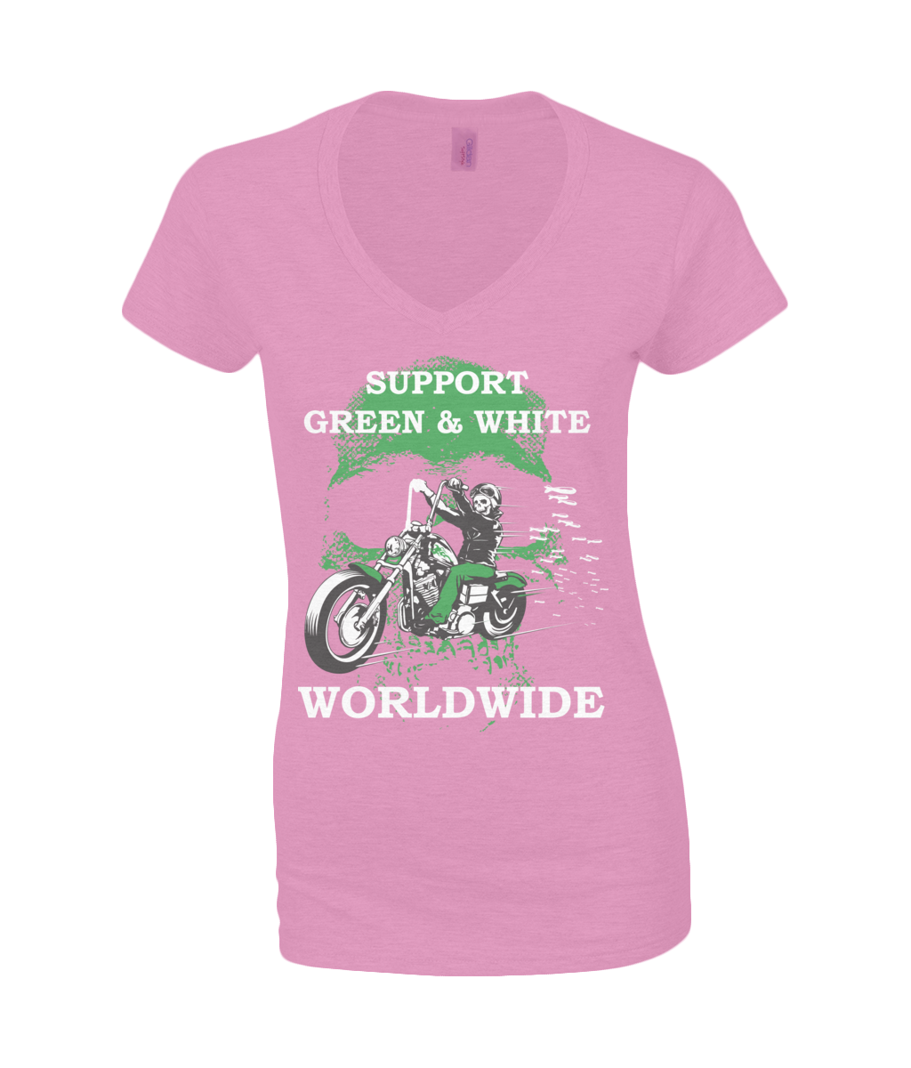 Dames V-Neck T-Shirt Support-Green-en-White-Worldwide